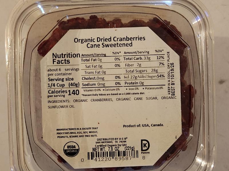 Organic Dried Cranberries Cane Sweetened