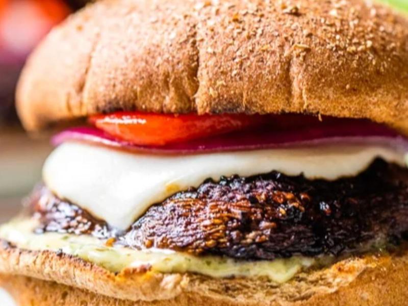 Portobello Mushroom Burger with Mozzarella, Roasted Peppers and Pesto Mayo