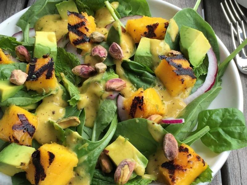 grilled mango salad with avocado & pistachios