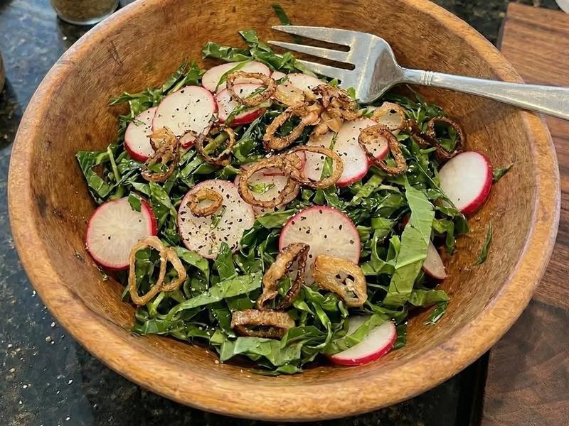 Collard Green and Radish Slaw with Crispy Shallots