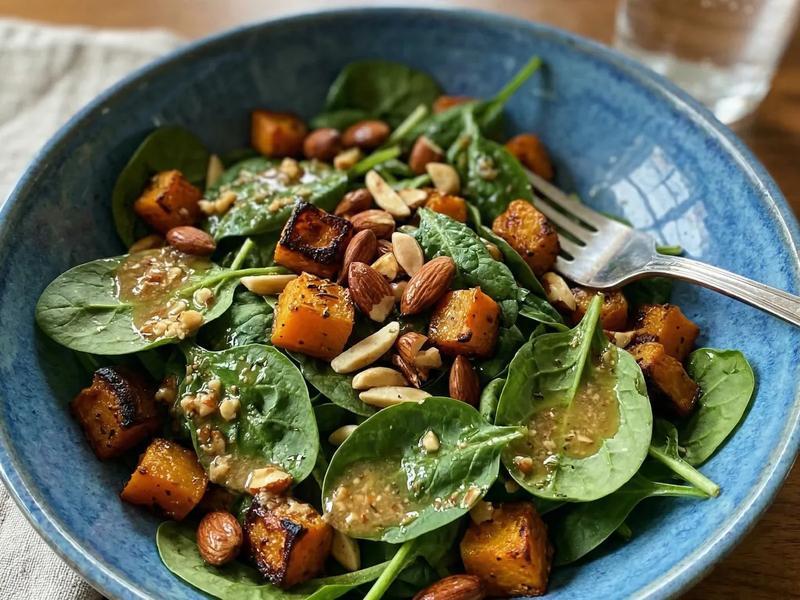 Squash and Spinach Salad with Almond Dressing