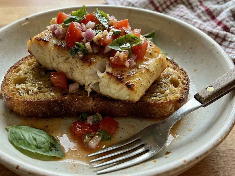 Roasted Cod on Large Garlic Croutons