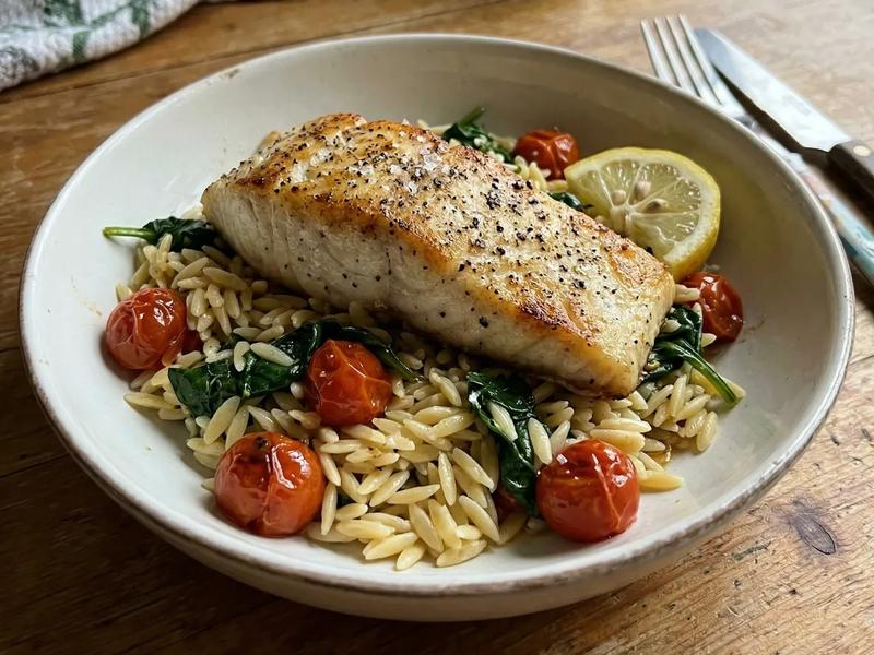 Baked Halibut with Orzo, Spinach, and Cherry Tomatoes