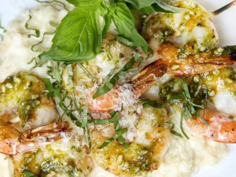 Pesto Shrimp Skewers with Cauliflower Mash