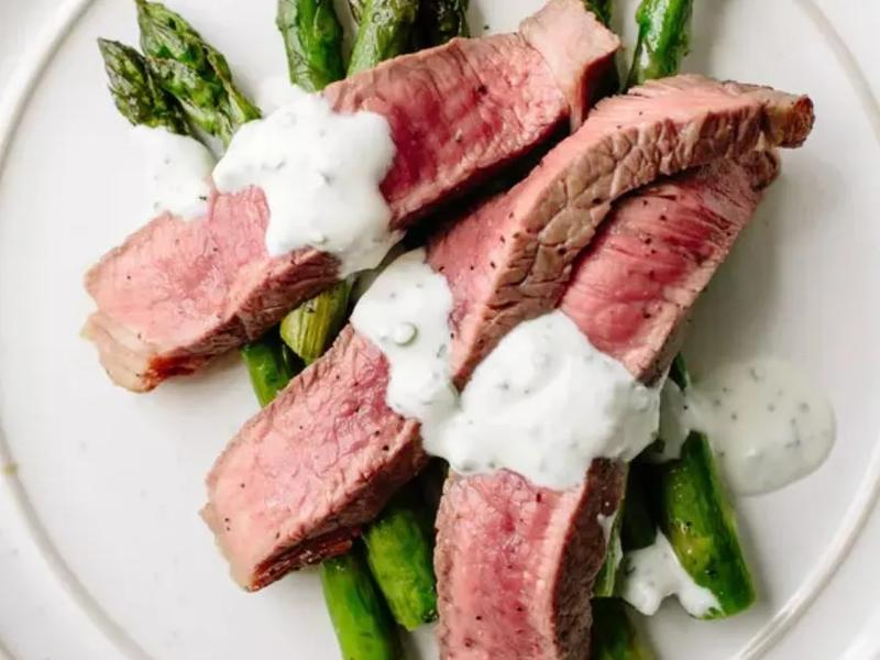 Steak & Asparagus with Feta Cream Sauce