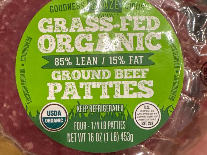 Grass-Fed Organic 85% Lean 15% FAt Ground Beef Patties