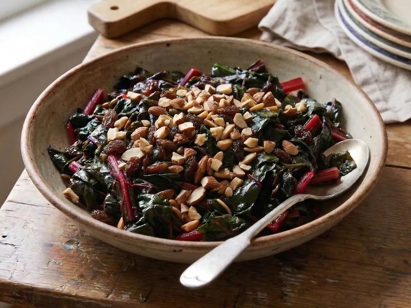 Swiss Chard with Raisins and Almonds