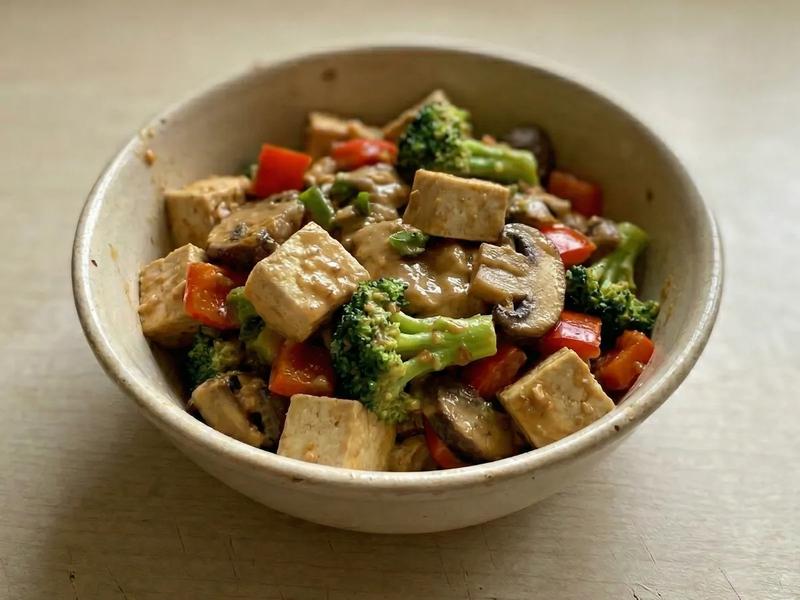 Peanut Butter Tofu with Broccoli, Bell Pepper, and Mushrooms