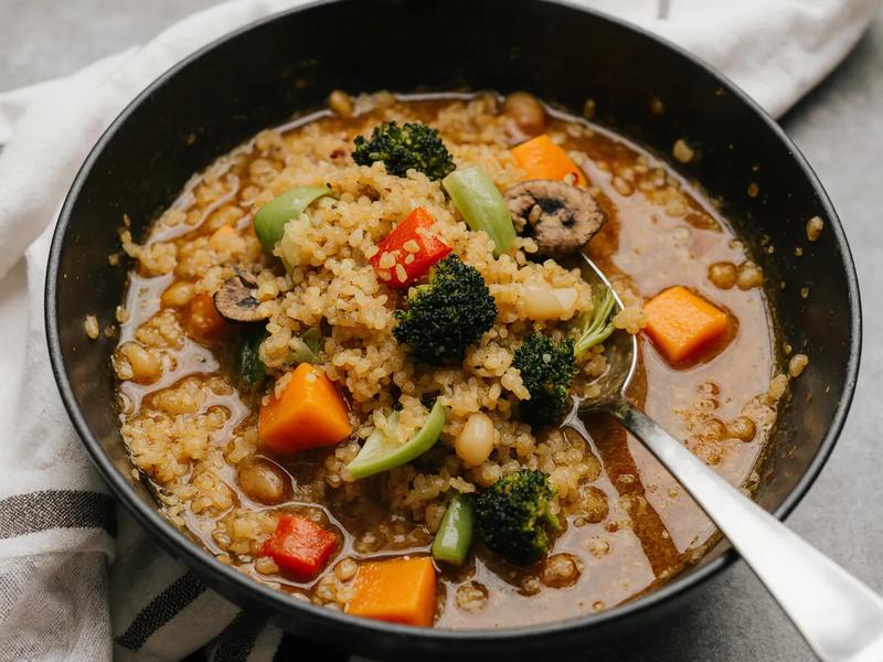 Mung Bean & Quinoa Bowls with Spicy Ginger Turmeric Broth