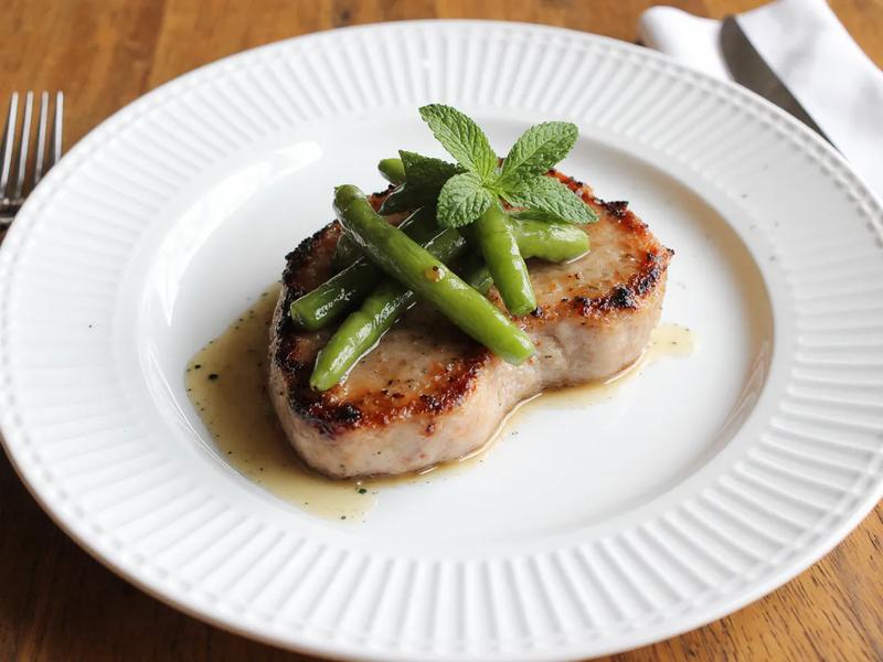 Pork Chops and Sugar Snap Peas with Mint Julep Glaze
