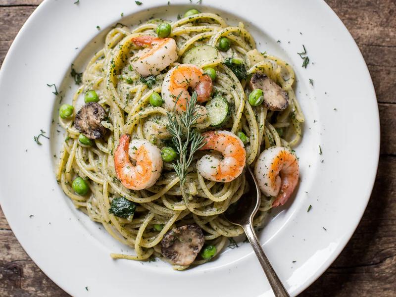 Shrimp and Veggie Pesto Pasta