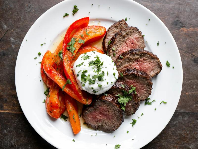 Beef and Red Peppers with Cilantro Yogurt Sauce