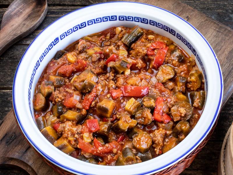 Turkey, Eggplant, and Red Pepper Skillet