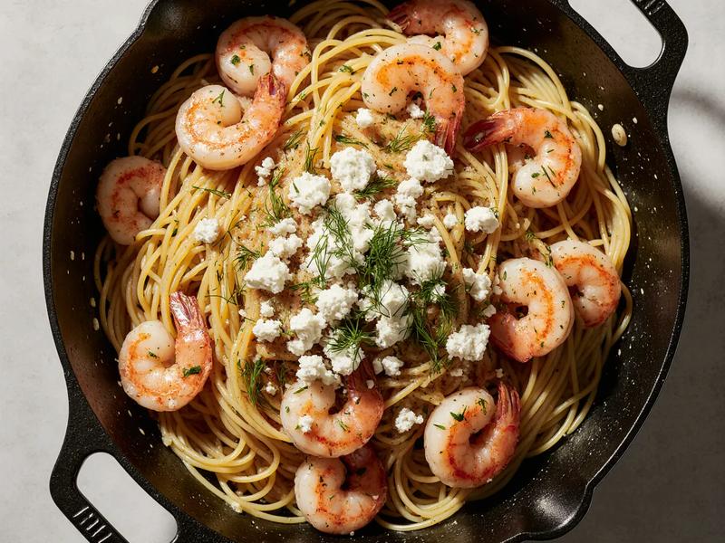 Spaghetti With Shrimp, Feta, and Dill