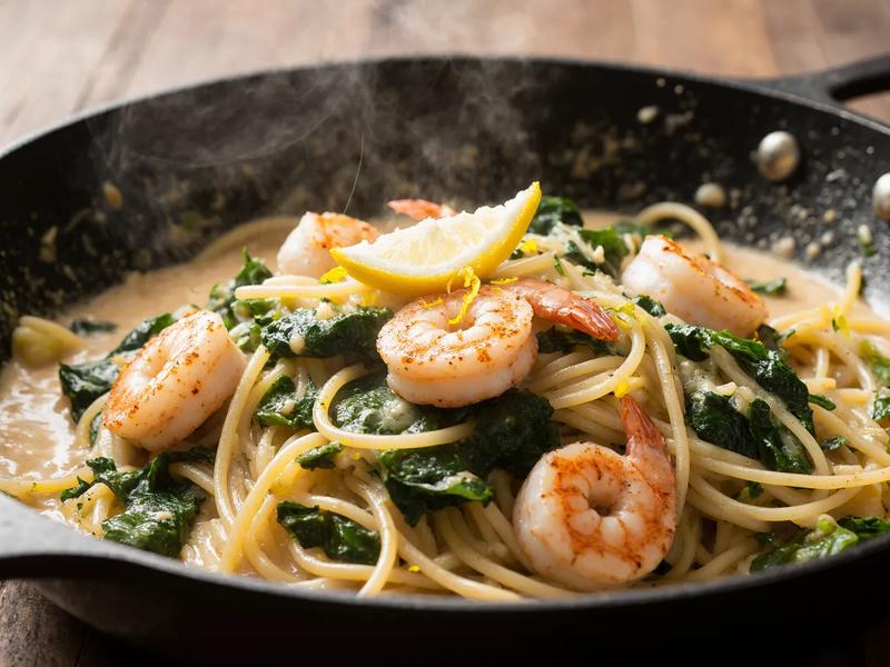 Shrimp, Leek, and Spinach Pasta