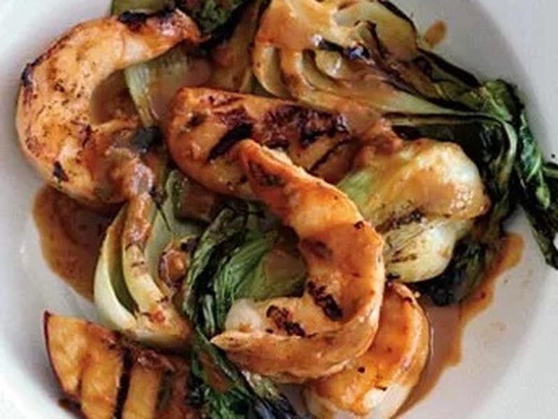 Grilled Shrimp Satay with Peaches and Bok Choy