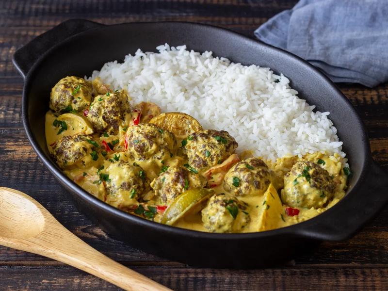 Turkey Meatballs in Coconut Curry Sauce and Basmati Rice