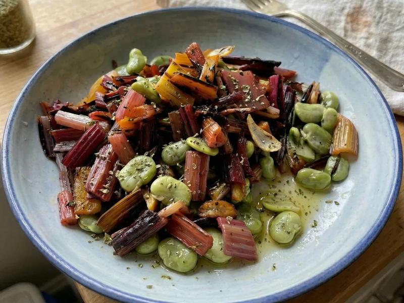 Grilled Rainbow Chard with Fava Beans and Oregano