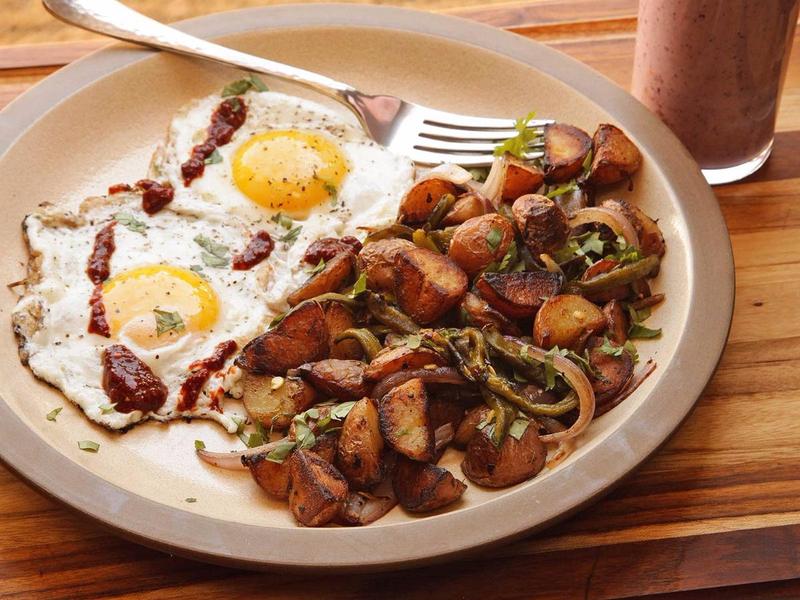 Crispy Home Fries with Red Onions and Roasted Poblano Pepper