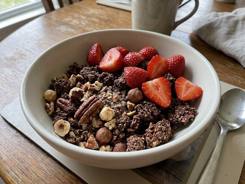 Paleo Dehydrated Chocolate Granola with Strawberries