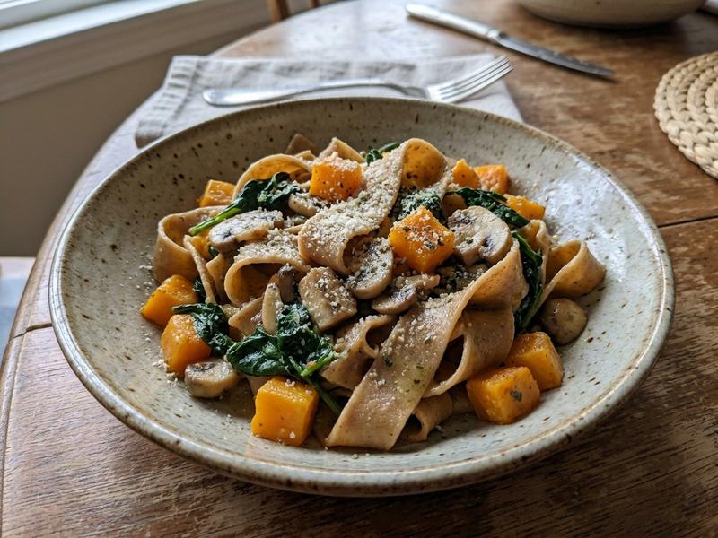 Pappardelle with Squash, Mushrooms, and Spinach