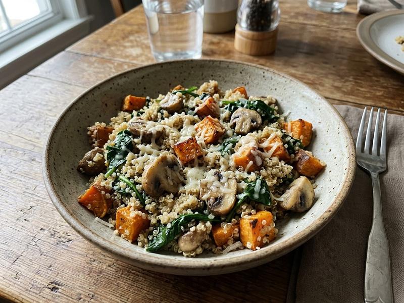 Quinoa with Mushrooms, Spinach, and Sweet Potatoes