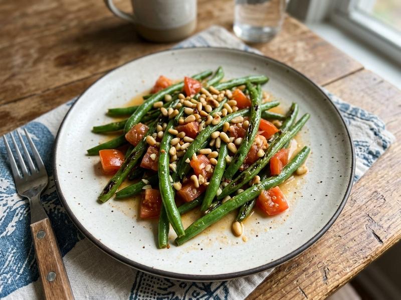 Green Beans with Tomato, Garlic, and Pine Nuts