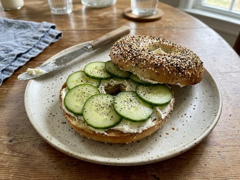 Everything Bagel with Cream Cheese and Cucumber