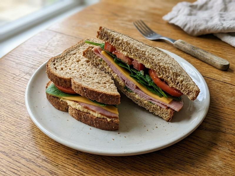 Ham and Cheese Sandwich with Spinach and Hummus