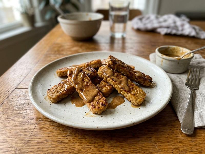 Tempeh Strips with Almond Sauce