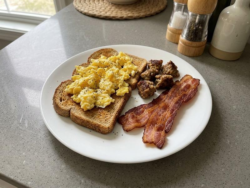 Scrambled Eggs on Toast with Bacon and Sausage