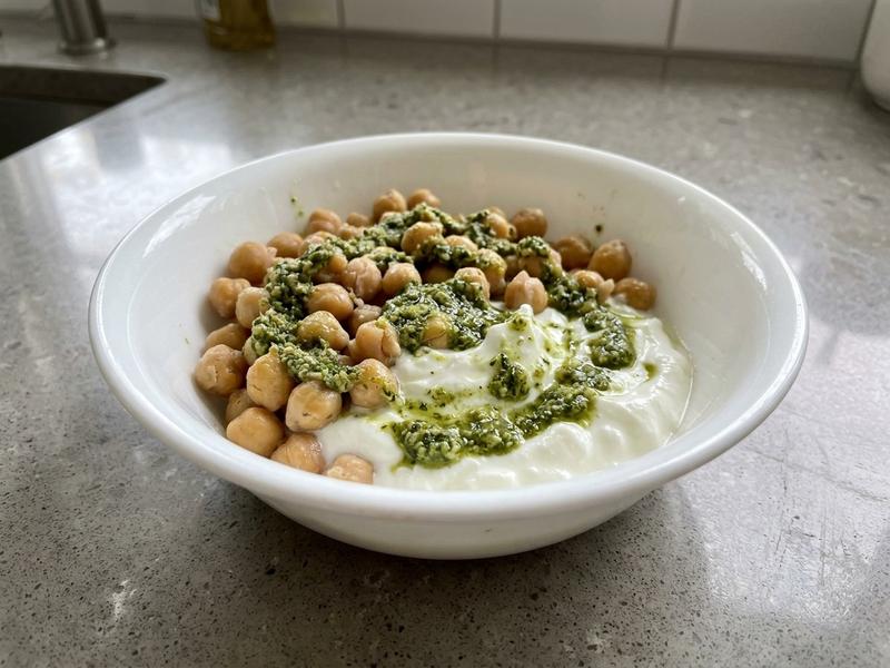 Yogurt with Pesto & Garbanzo Beans