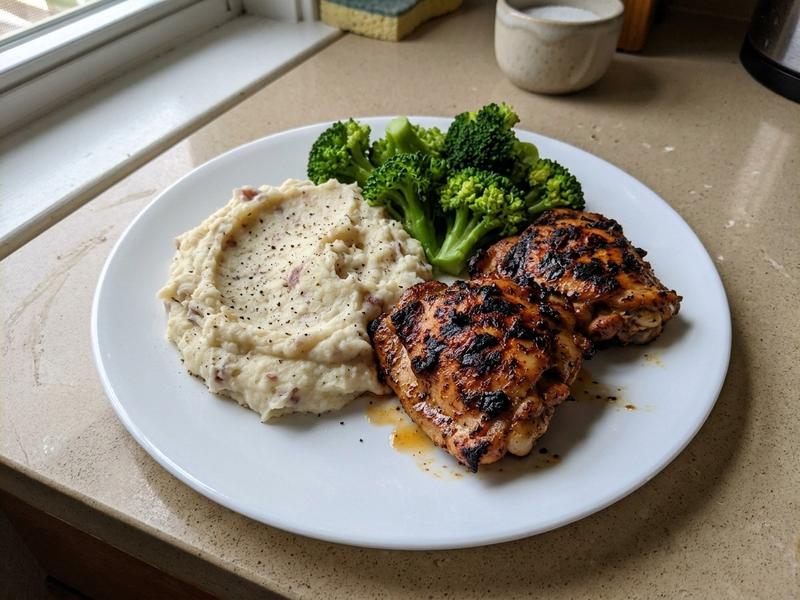 Southwest Grilled Chicken Thighs, Whipped Red Potato Mash, and Broccoli