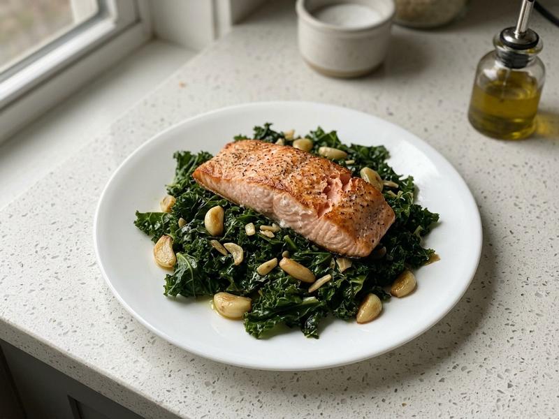 Roasted Salmon Over Garlicky Kale