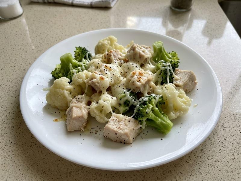 Cheesy Microwave Chicken, Broccoli, and Cauliflower