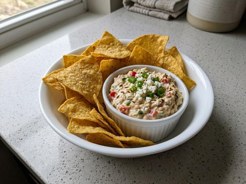 Warm Tortilla Chips with Spicy Cheese Dip