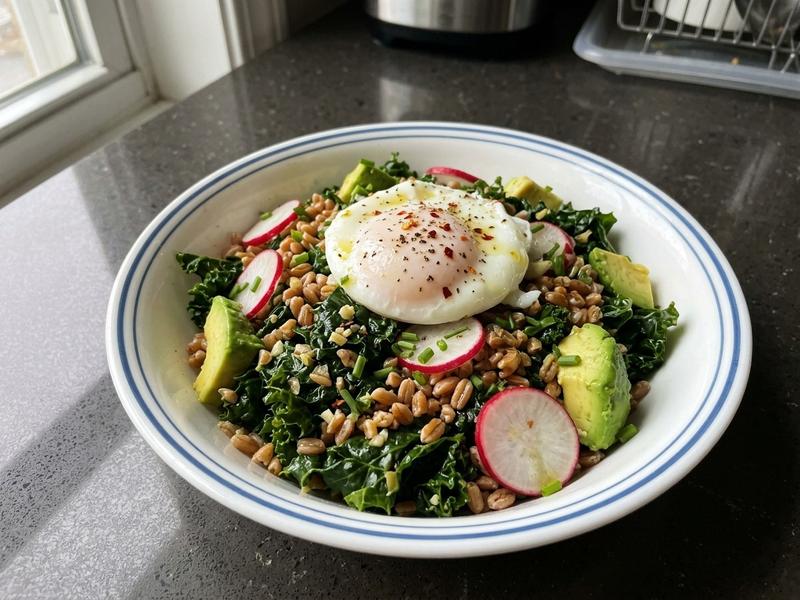 Garlicky Kale and Farro Salad with Poached Egg