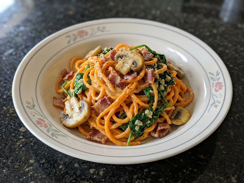 Sweet Potato Carbonara with Spinach & Mushrooms