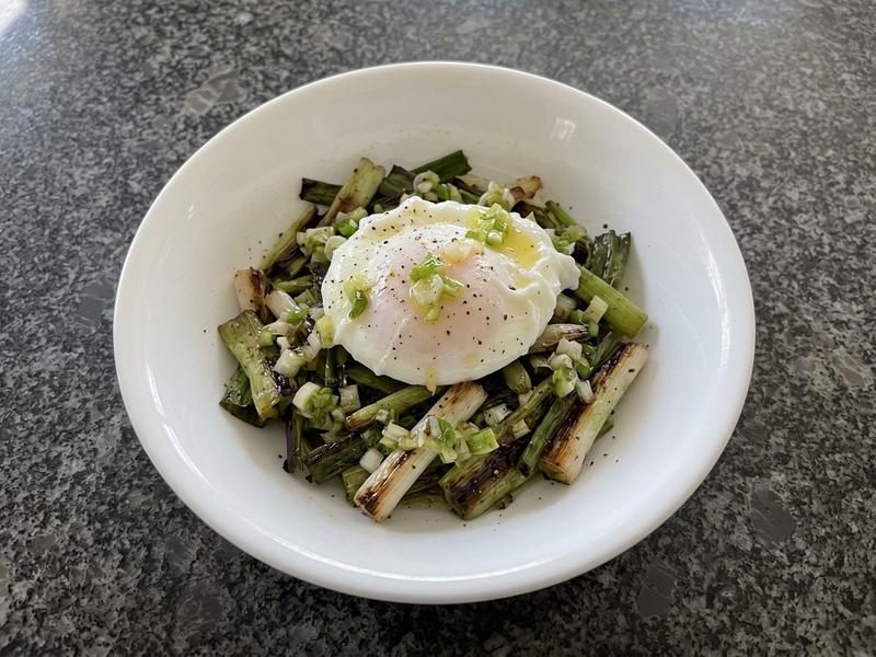 Seared Scallions with Poached Eggs