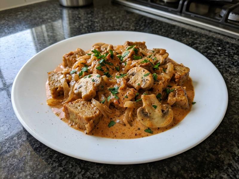 Seitan and Mushrooms in Paprika Cream