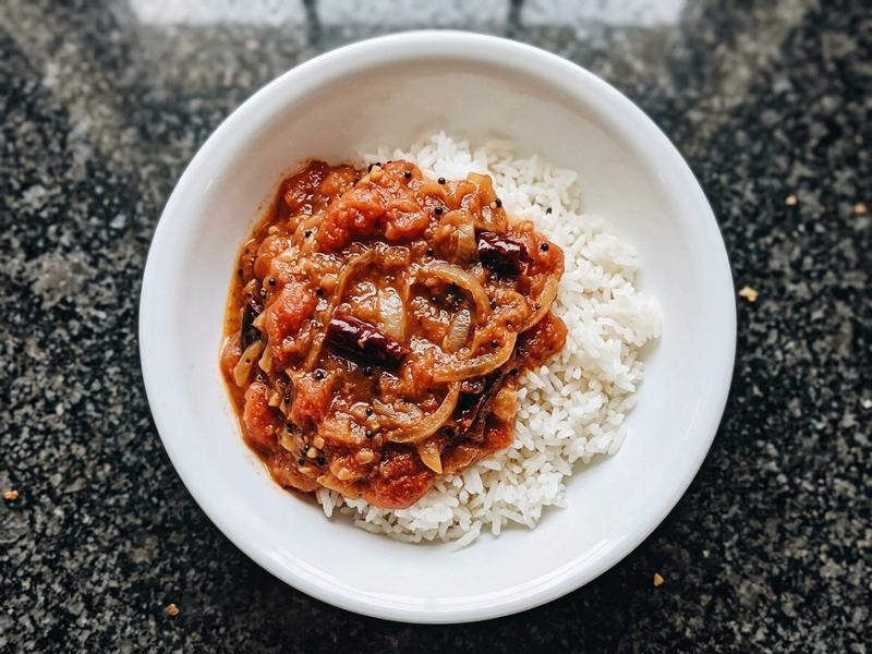 Spicy Tomato Onion Chutney Over Rice