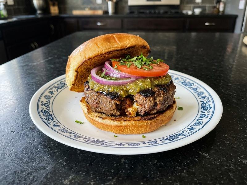 Stuffed Chorizo Burgers with Salsa Verde
