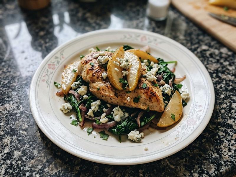 Baked Chicken with Spinach, Pears and Blue Cheese
