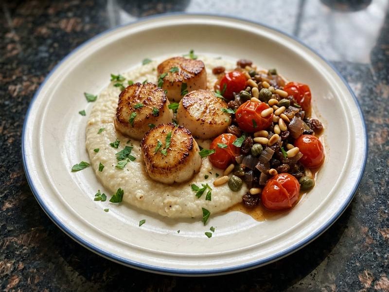 Scallops with Caponata & Roasted Cauliflower Purée