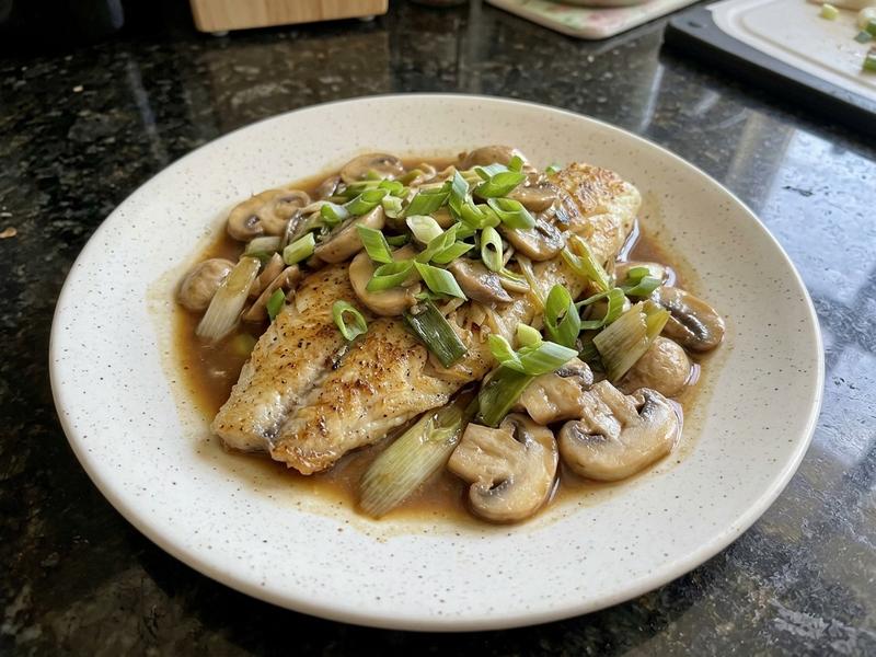 Sauteed Bass Fillets with Mushrooms, Scallions, and Soy