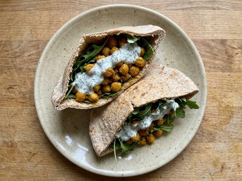 Chickpea Curry Stuffed Pita with Dill Yogurt