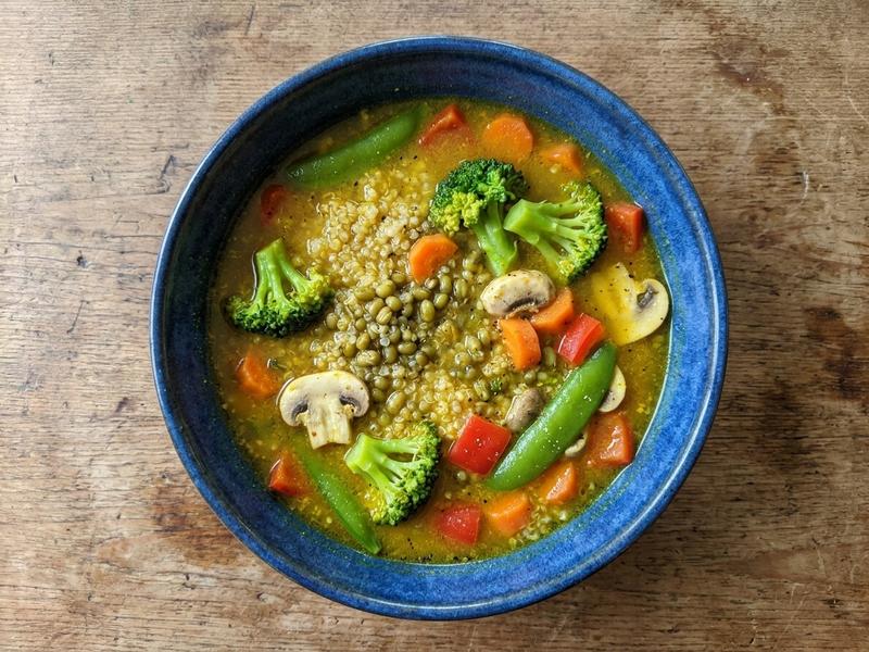 Mung Bean & Quinoa Bowls with Spicy Ginger Turmeric Broth