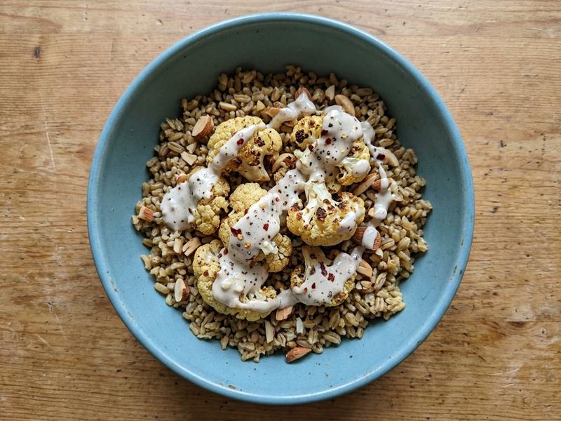 Roasted Cauliflower, Freekeh, and Garlicky Tahini Sauce
