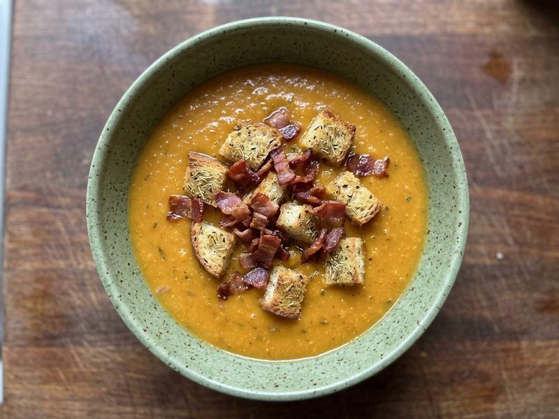 Sweet Potato Soup with Fried Pancetta and Rosemary Croutons