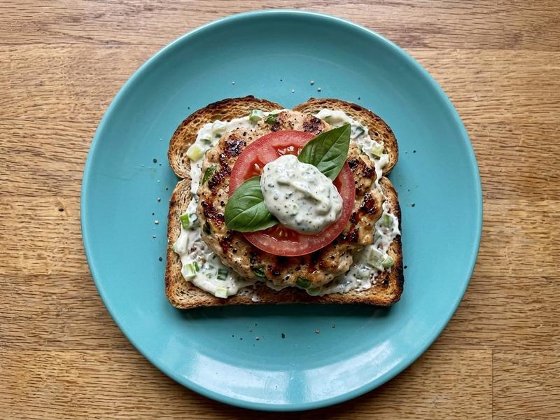Open-Face Chicken Burgers with Basil Mayonnaise